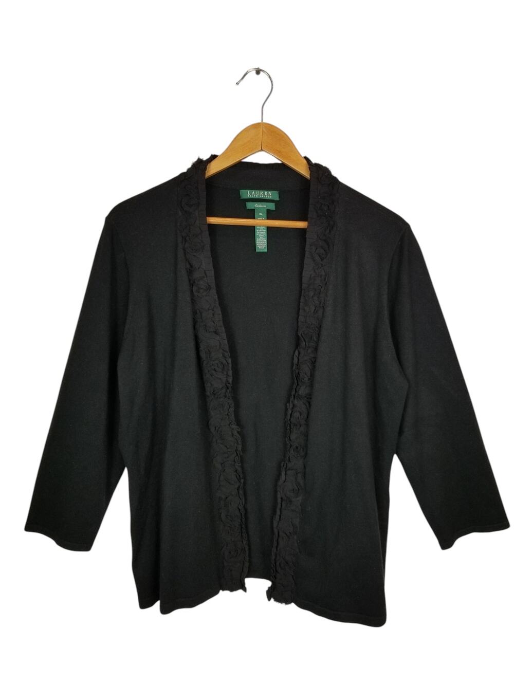Lauren Ralph Lauren Women's Black Open Front Silk Blend 3/4 Sleeve Cardigan XL